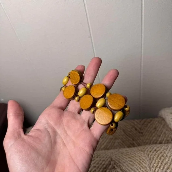 Boho Wooden Disc Stretch Bracelet Earthy Brown Olive Green Beaded Statement - Picture 2 of 8